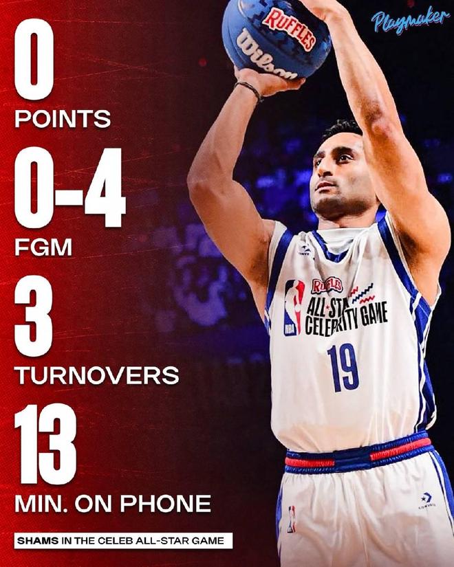 還是忘不了本行，Shams名人賽數(shù)據(jù)：4投0中3失誤，看手機13分鐘